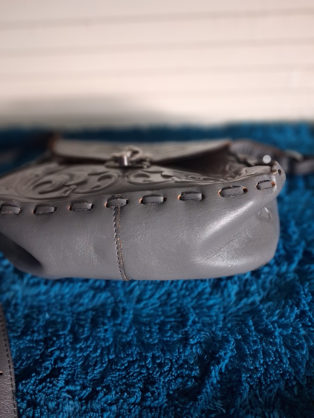 Patricia Nash Gray Leather Crossbody Bag with Embossed Floral Detail